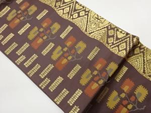 縞に抽象草花・幾何学模様織出し名古屋帯